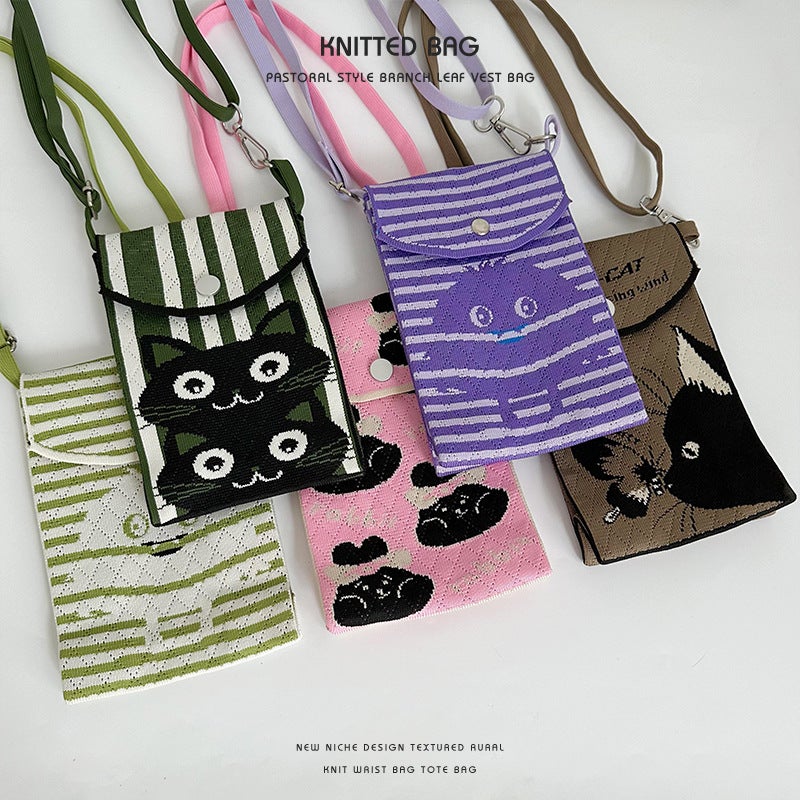 Korean-Style All-Match Niche Design New Adjustable Button Phone Bag Cartoon Small Animal Knitted Crossbody Phone Bag - Image 4